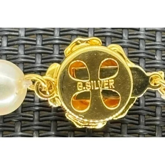 Vintage Faux Pearl Bracelet Flower Shaped Clasp Marked G. Silver 7MM Faux Pearls - Picture 3 of 6